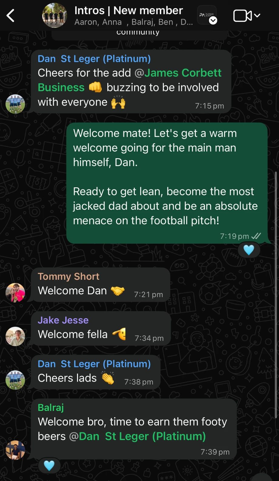 WhatsApp intros group: a new member is welcomed by James and other clients, 'time to earn them footy beers'